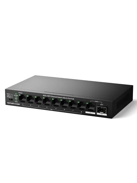 Tenda Switch PoE a 8 Porte PoE+, 1 Porta Uplink Gigabit, 1 Porta SFP, Budget da 110 W