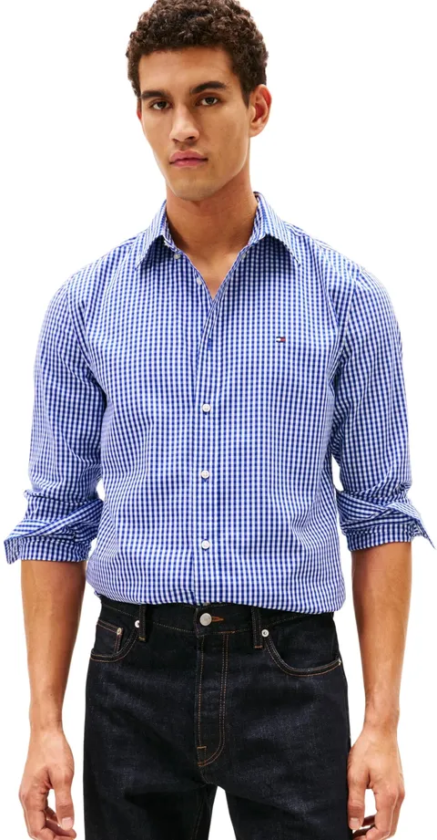 Tommy Hilfiger Camicia da Uomo Flex Poplin Big Gingham RF MW0MW41713 L/S, Blu, XL, Blu