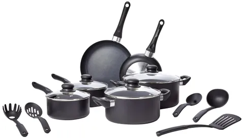 Amazon Basics Batteria da cucina, 15 unità con rivestimento antiaderente, Nero