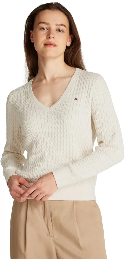 Tommy Hilfiger Maglione da Donna CO Cable FINE GG V-NK LS Swt WW0WW44987, Beige (Heather