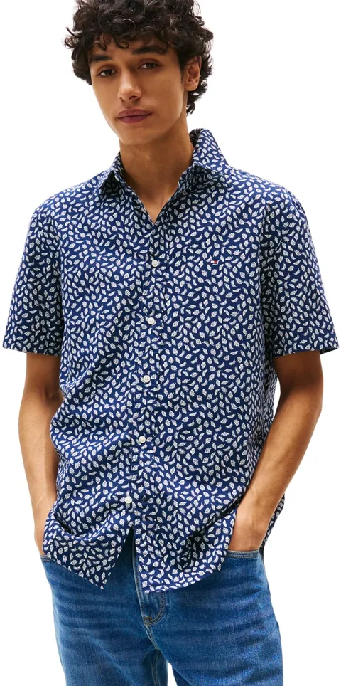 Tommy Hilfiger Uomo Camicia Linen Blend Maniche Corte, Multicolore (Preppy Navy/Ivory