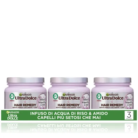 Garnier Ultra Dolce Multi Pack x3 Maschera Lisciante, Infuso di Acqua di Riso & Amido