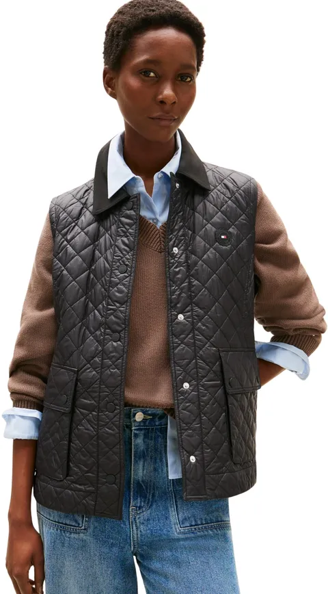 Tommy Hilfiger Donna Gilet Padded Nylon Slim Quilted Imbottito, Nero (Black), L